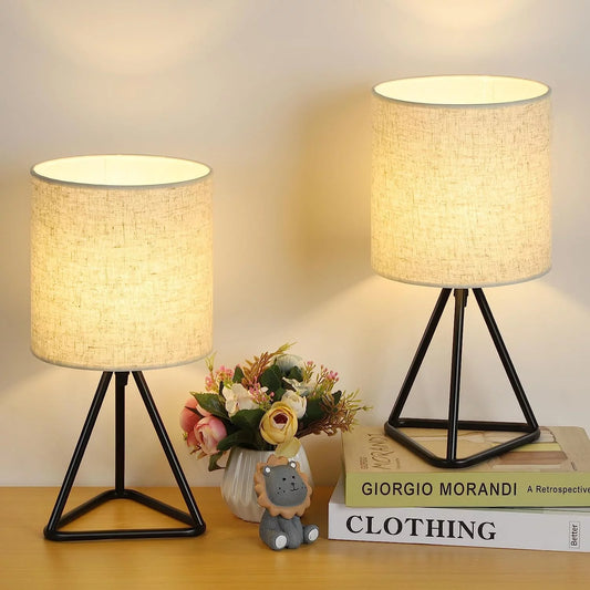 Bedside Table Lamps Set of 2 Small Metal Nightstand Lamps with Linen Shade