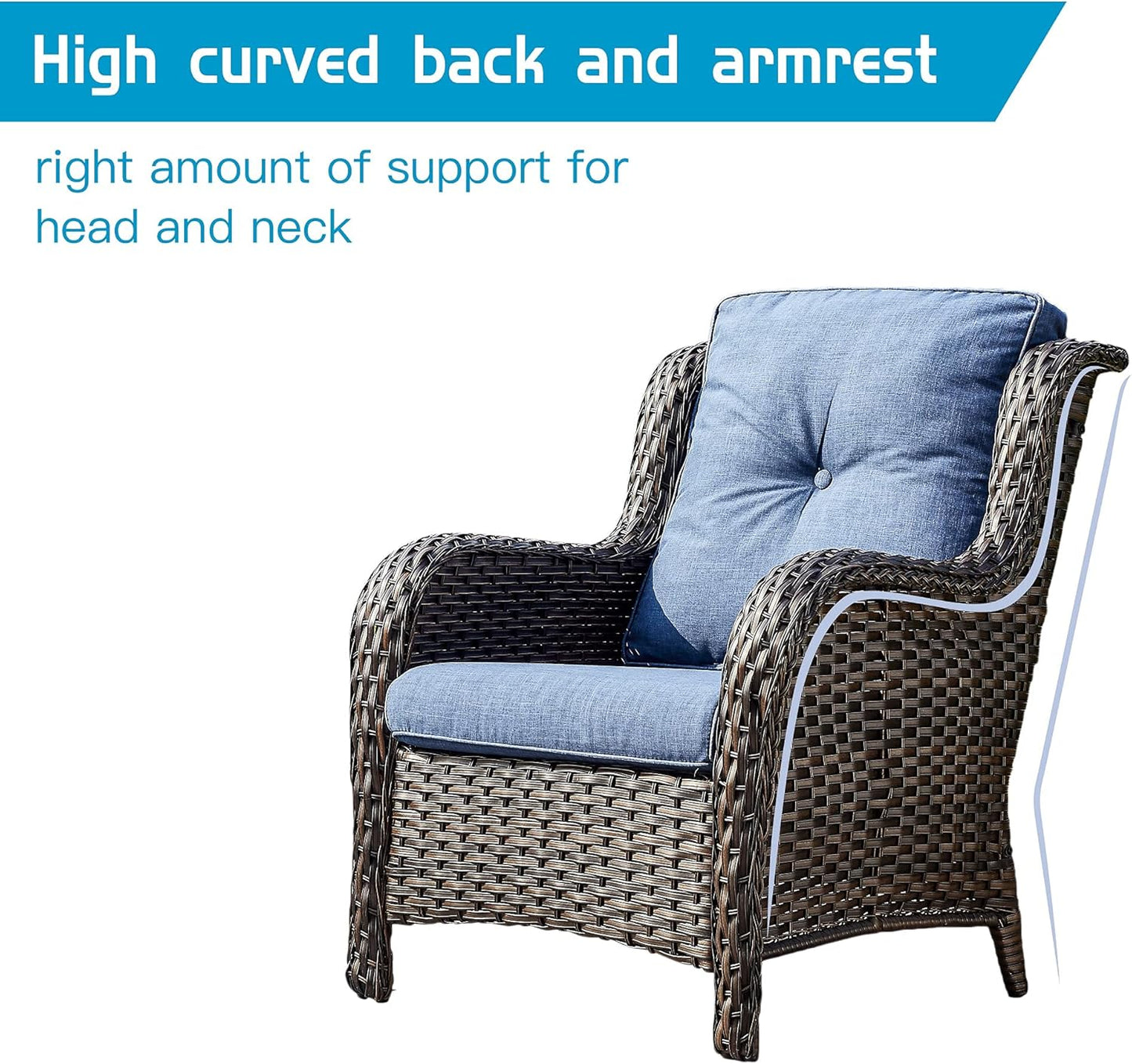 Outdoor Wicker Patio Chairs Set of 2: High Back, Deep Seating, Wide Armrest, Thick Comfort Cushions, Ideal for Porch Deck Backyard Garden(Brown/Blue)