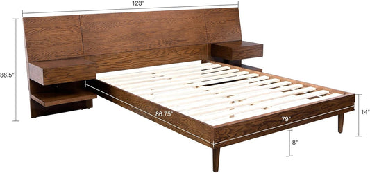Clark Frame with Headboard and 2 Built-In Attached Nightstands with Hidden Drawers Platform Beds with Wood Slat Support, King, Pecan