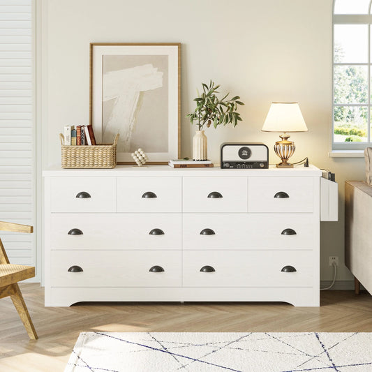 8 Drawer Dresser with Charging Station and Side Storage Bag, Wood Chest of Drawers, White Dresser