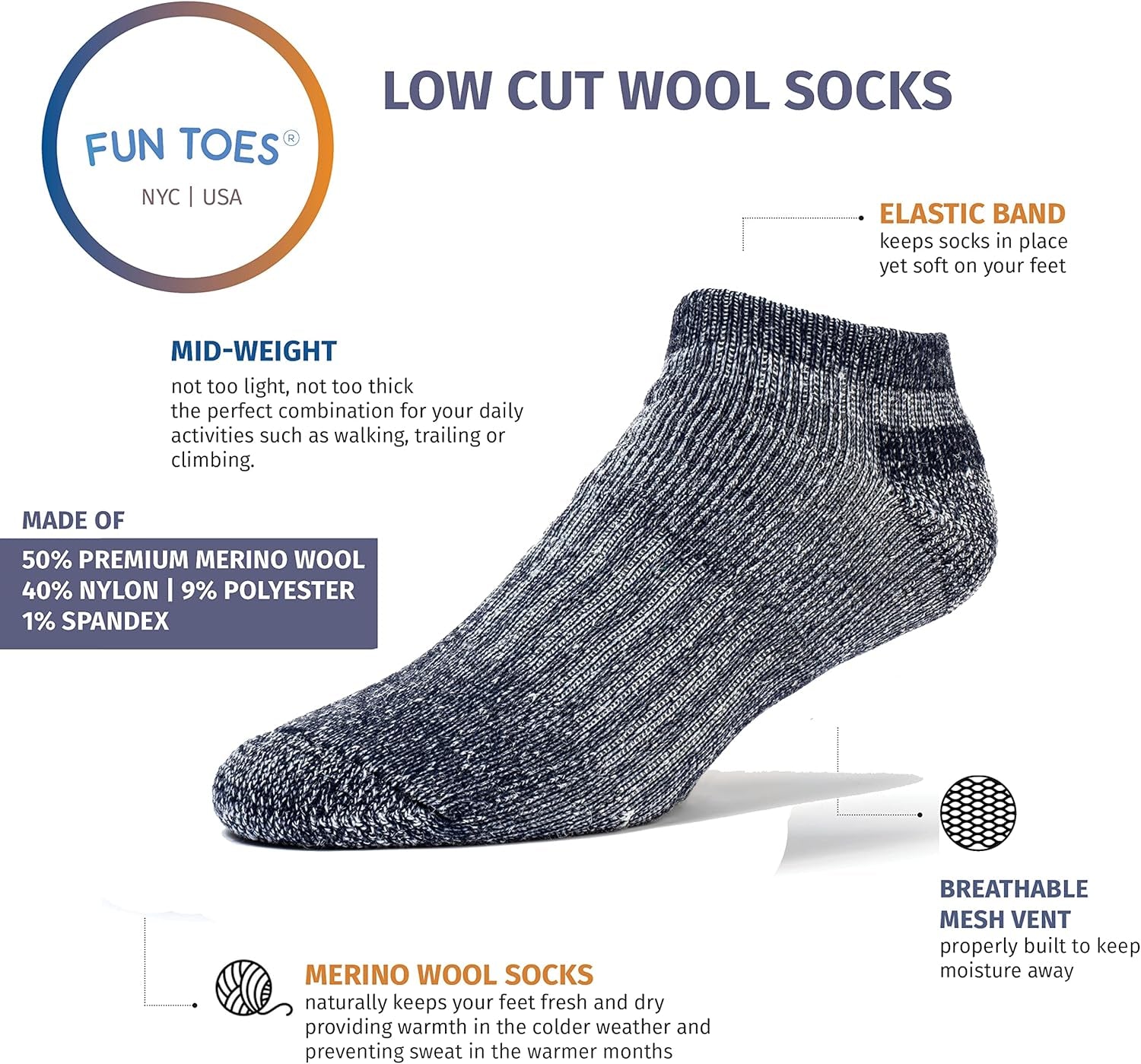 Low Cut Ankle Merino Wool Mens Hiking Running Socks Compression Arch Support Cushioned 6 Pairs