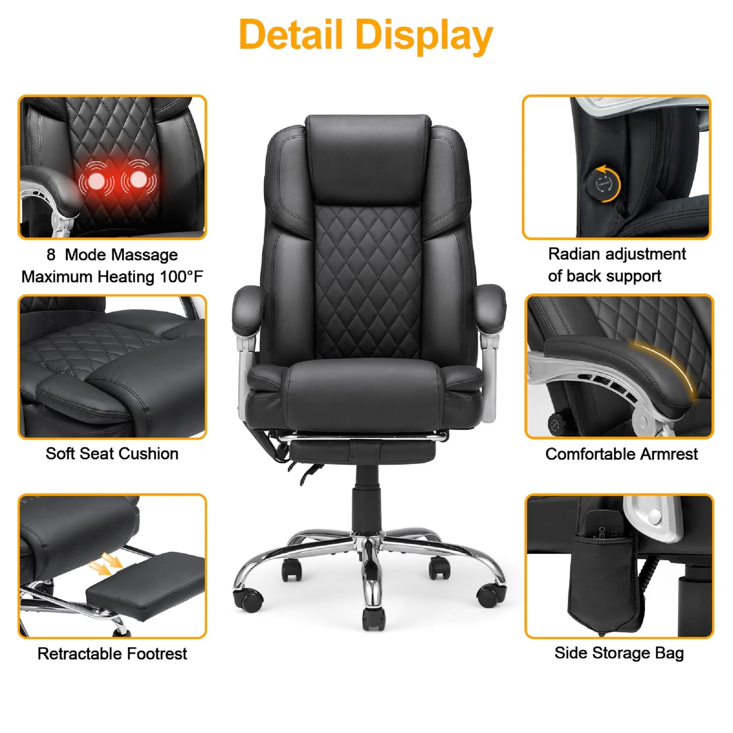 Executive Office Chair W/ Adjustable Lumbar Support,Massage Office Chair for Adult,Black