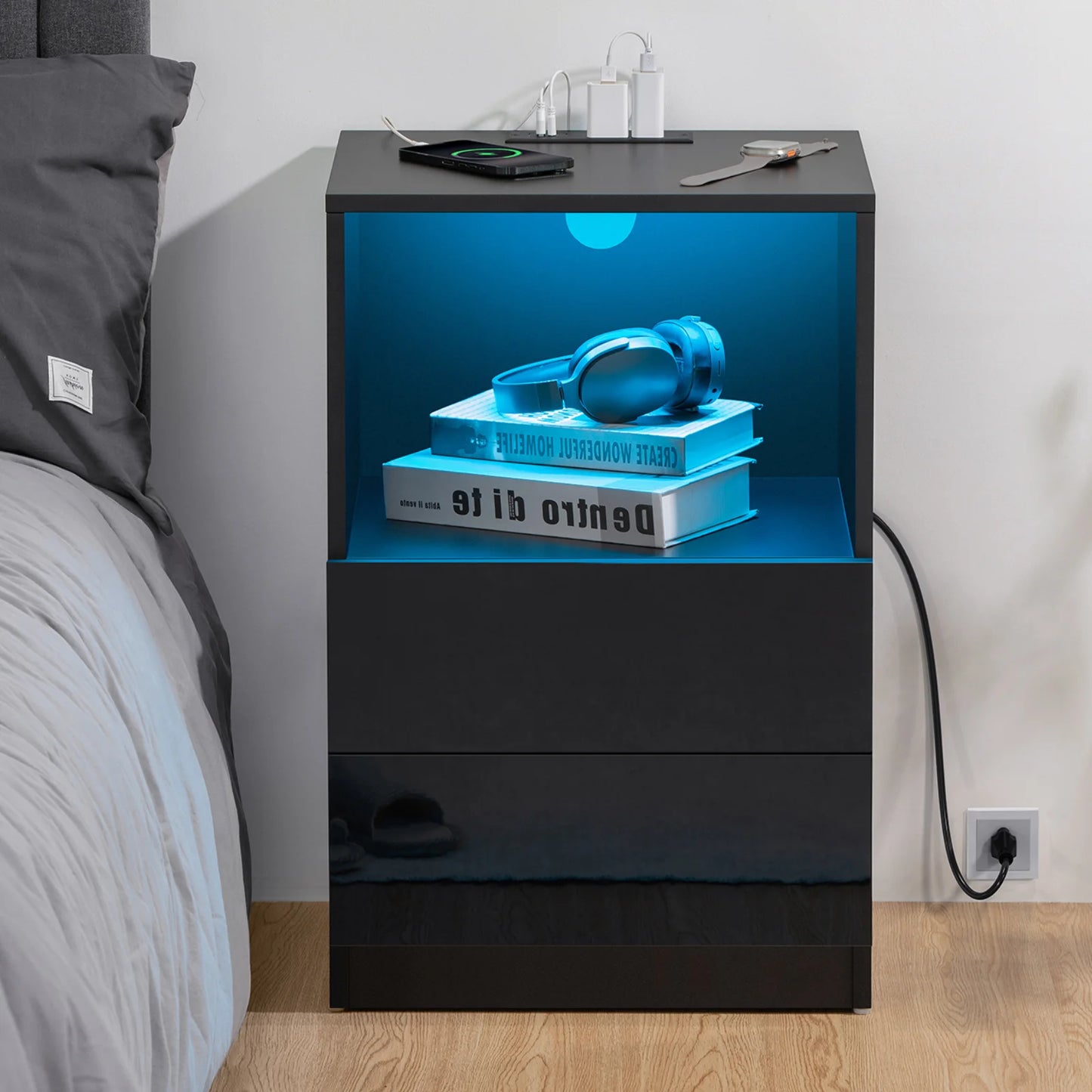 Nightstands with 2 Drawer Nightstands with Charging Station Modern Open Shelf Nightstands LED End Table Nightstands Charging High Gloss Black Side Table for Bedroom Furniture 26.77 in Tall