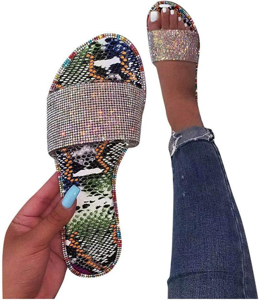 Summer Slide Sandals Flip Flops, Women Shiny Rhinestone Flat Sparkle Glitter Slip on Casual Slides Sandals Slipper