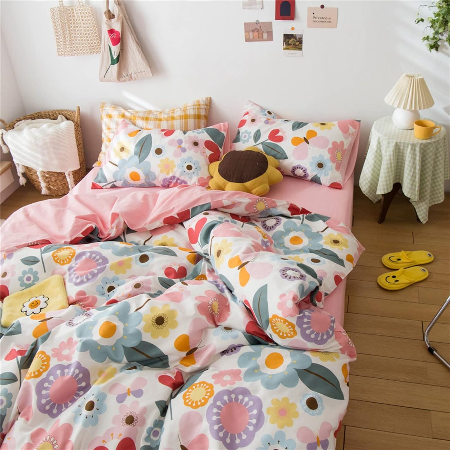 Queen Size Floral Bedding Sets Kids 3 Pieces Cotton Duvet Cover Queen Pink for Women Girls Reversible Yellow Aesthetic Bedding Comforter Cover Set Boho Bedding Queen