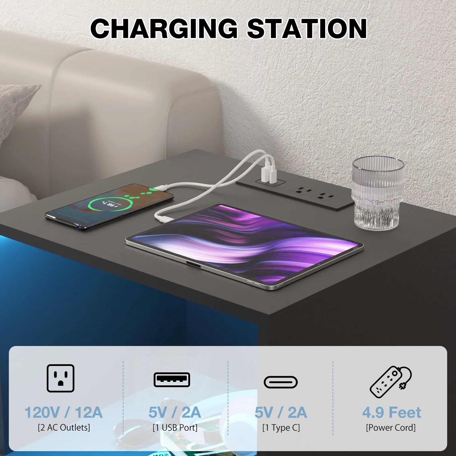 Nightstands with 2 Drawer Nightstands with Charging Station Modern Open Shelf Nightstands LED End Table Nightstands Charging High Gloss Black Side Table for Bedroom Furniture 26.77 in Tall