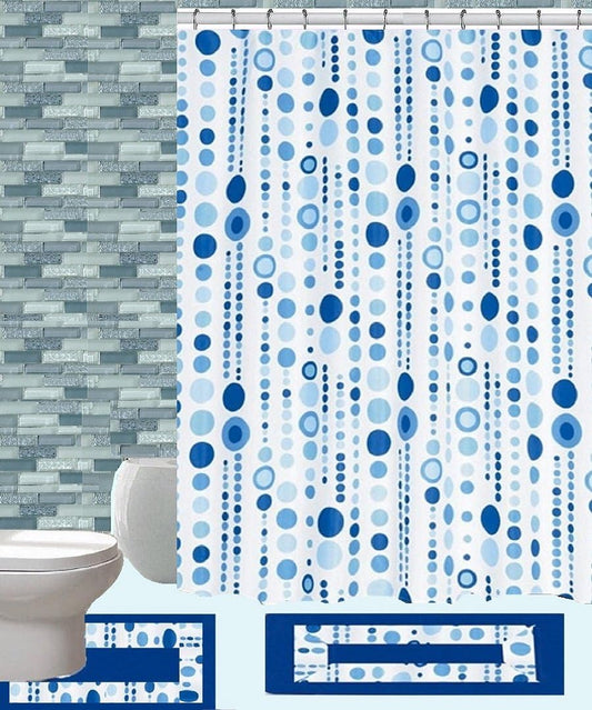 18 Pcs Geometric, Floral Designs Banded Shower Curtain Set. Rug 18"X30", Contour 18"X18", Curtain 70"X72", 12 Metal Crystal Roller Ball Shower Hooks, 3 Pcs Matching Towels Set (Jackie Blue)