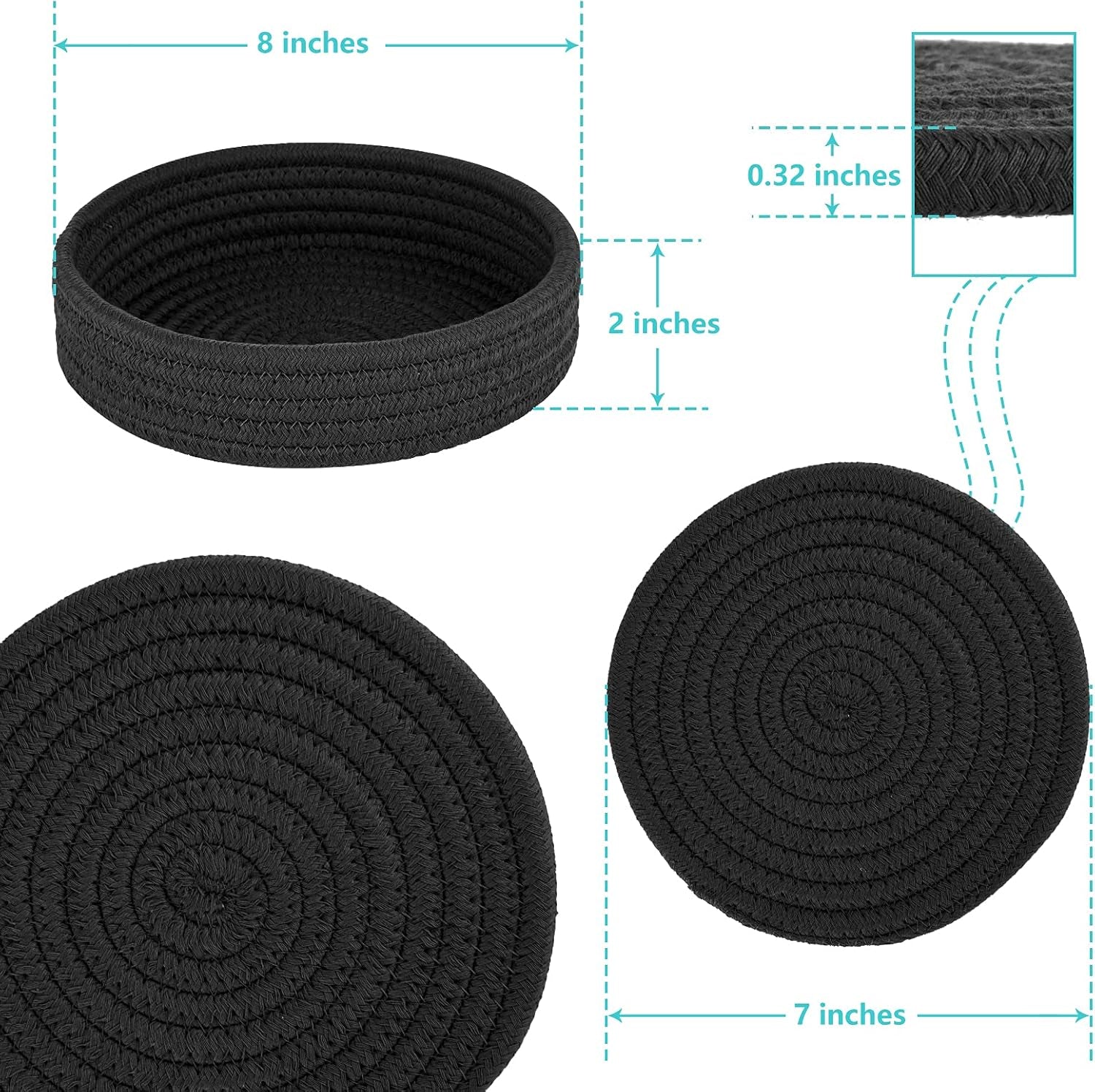 Trivets for Hot Dishes, Pots and Pans, Hot Pads with Storage Basket, Pot Holders for Kitchen, Heat Resistant Mat Protect Counter Home Essentials, Farmhouse Decor (Black 4 PCS)