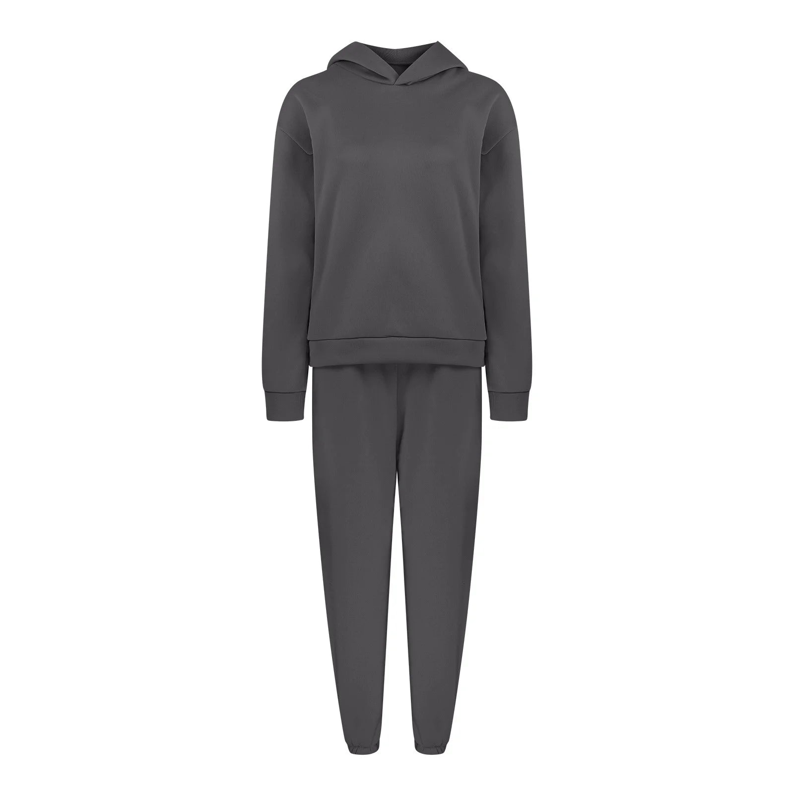 Women Casual Solid Color Two Piece Long Pants Hooded Pullover Long Sleeve Sweatshirts Sets Dark Gray XL
