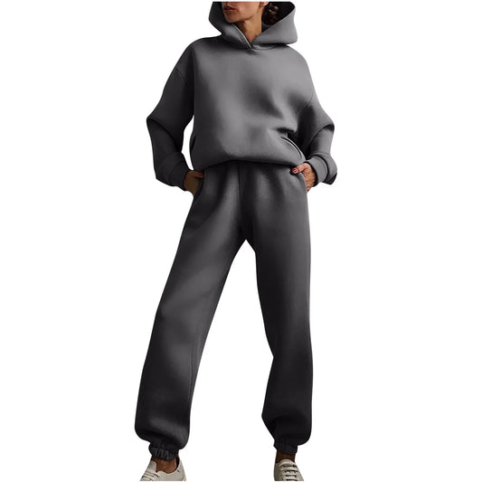 Women Casual Solid Color Two Piece Long Pants Hooded Pullover Long Sleeve Sweatshirts Sets Dark Gray XL
