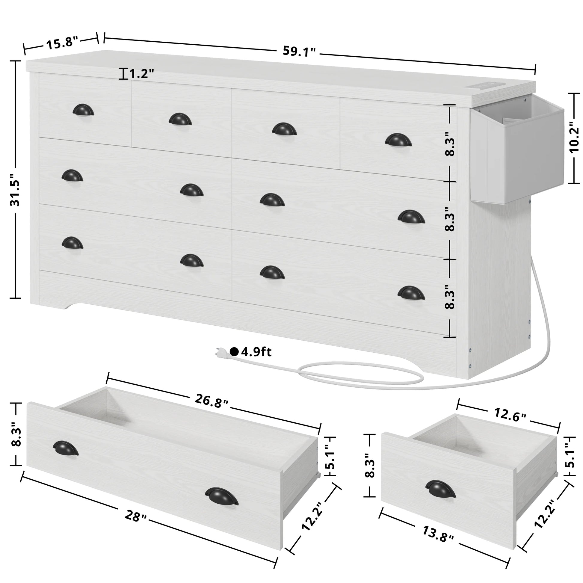 8 Drawer Dresser with Charging Station and Side Storage Bag, Wood Chest of Drawers, White Dresser