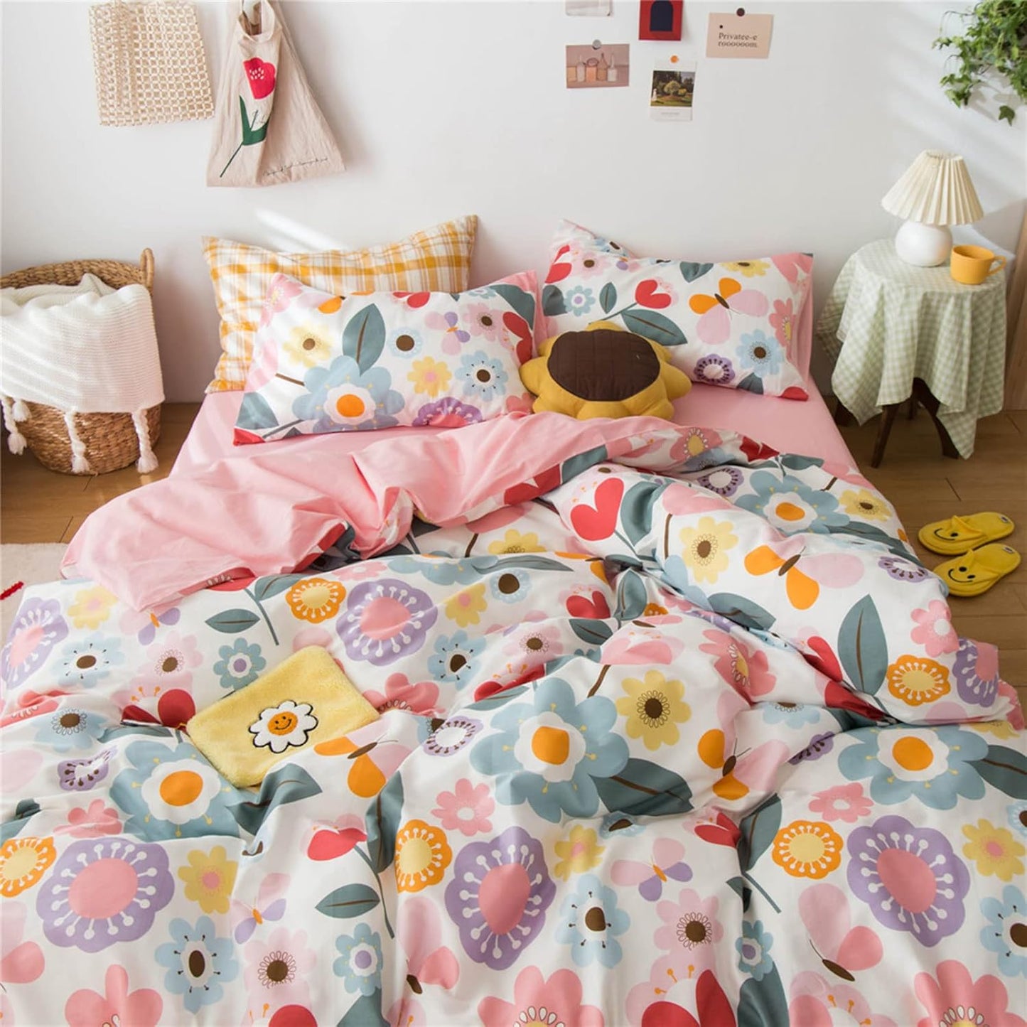 Queen Size Floral Bedding Sets Kids 3 Pieces Cotton Duvet Cover Queen Pink for Women Girls Reversible Yellow Aesthetic Bedding Comforter Cover Set Boho Bedding Queen