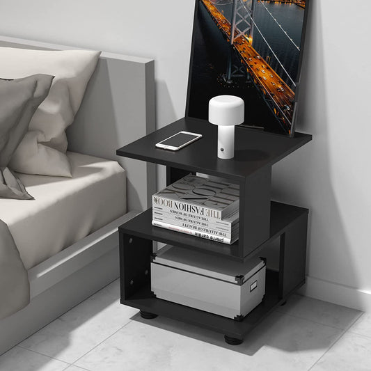 - Magic Cube Black Nightstands, Modern Fashion Style - 2 Tier Rectangular Hollow Design Nightstands, Irregular Nightstand Table, Black