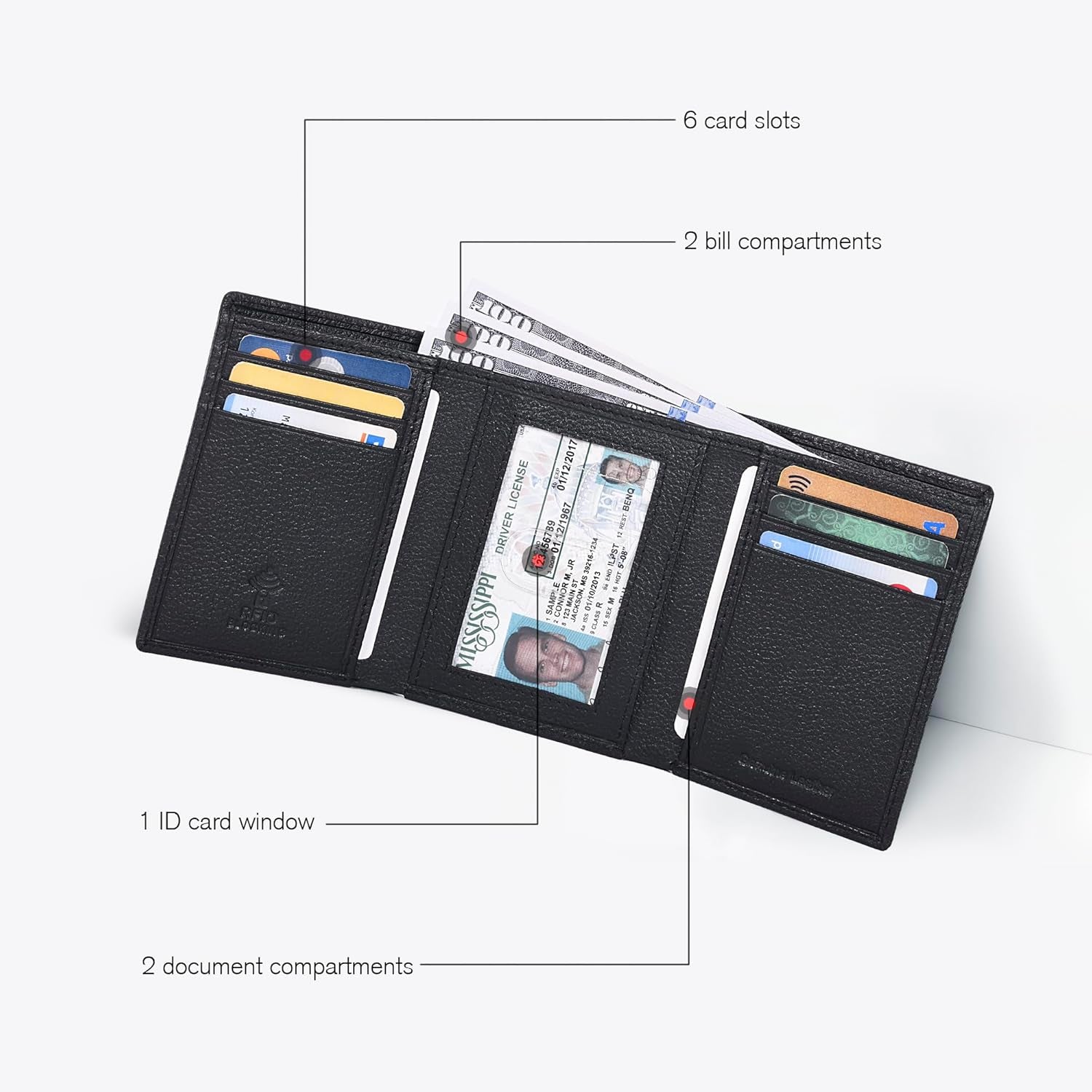 Leather Trifold Wallet for Men - RFID Blocking - 6 Card Slots, 2 Slip Pockets & 1 Front ID Window - Minimalist Design, Slim Wallet