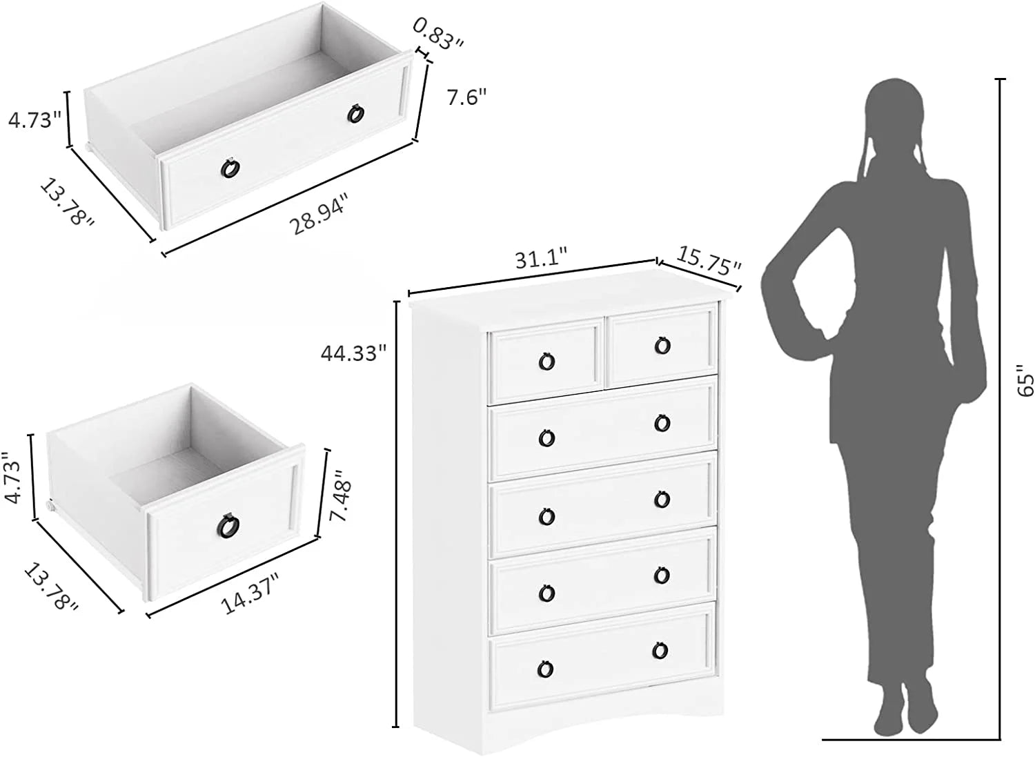 White Dressers, Modern Tall Chest of Drawers for Bedroom, 6 Drawer Dressers Organizers and Storage for Clothes