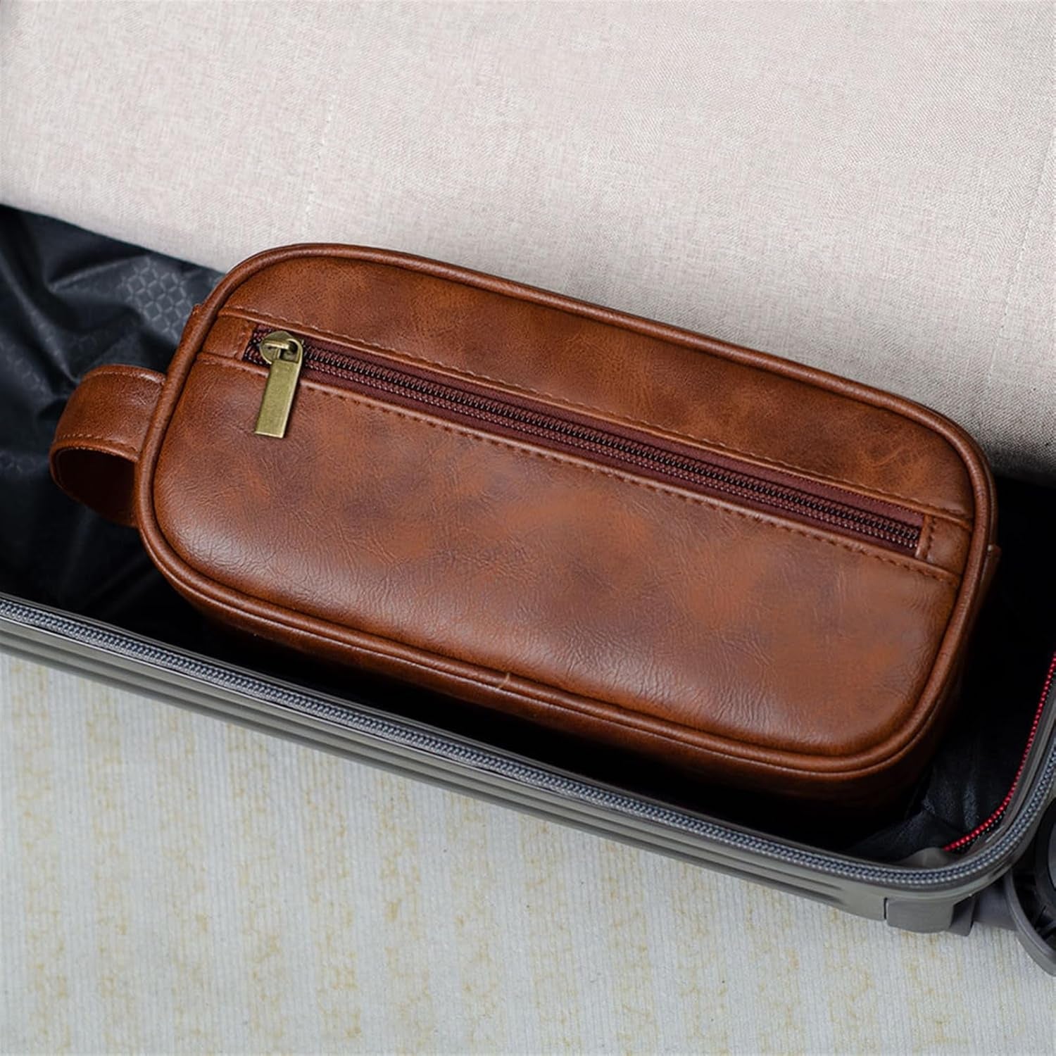 Toiletry Bag for Men, Large Capacity, Mutifunctional, Mens Travel Bag Toiletries Organizer Case for Grooming, Water-Resistant, PU Leather, Cosmetic Bag, Small Dopp Kit Shaving Bag Brown