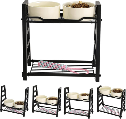 42 OZ Large Ceramic Dog Bowls Set of 2 with Adjustable Elevated Metal Stand, 7 Inch Raised Dog Food and Water Feeder Bowl Dish, Adjusts to 4 Heights for Medium & Large Dogs, Beige