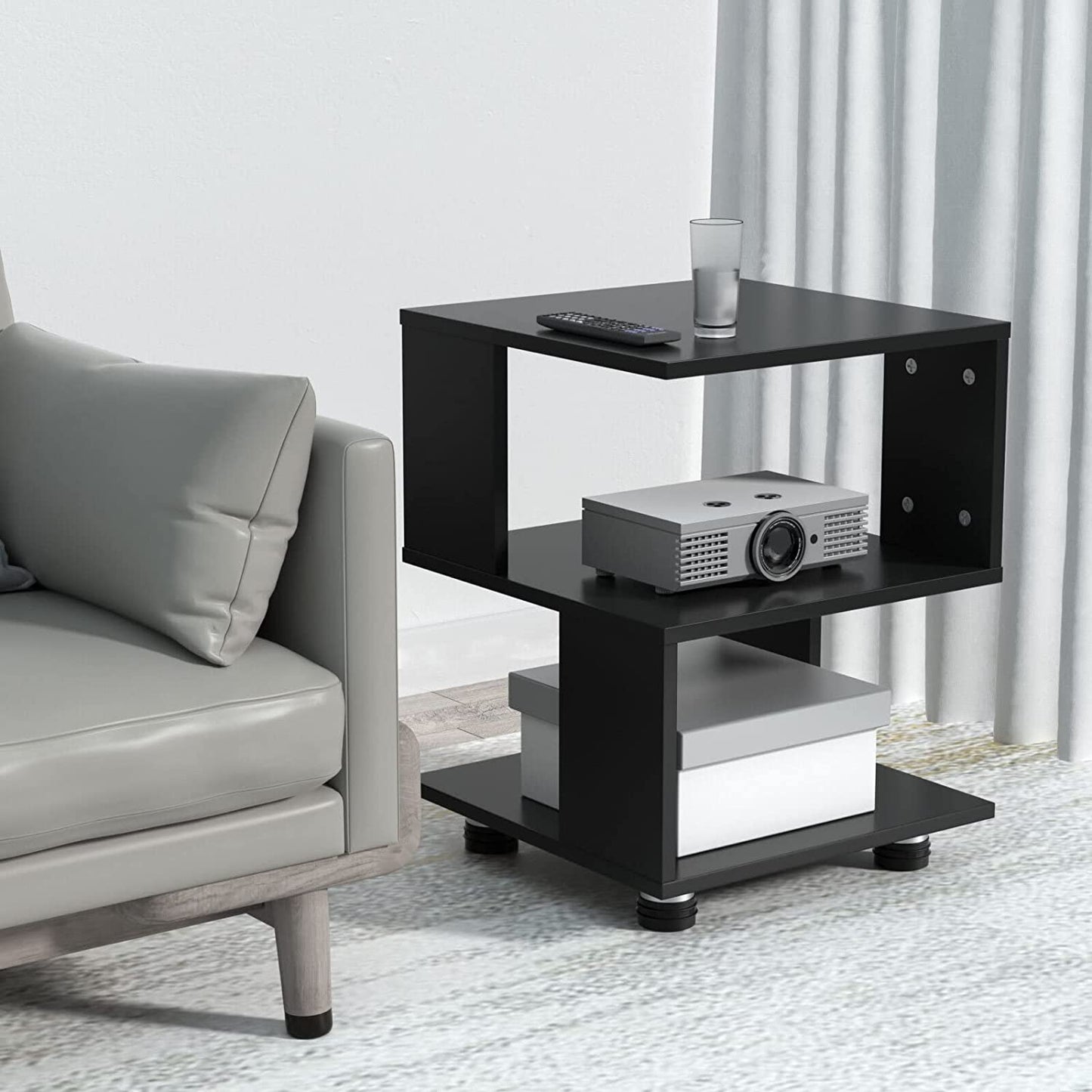 - Magic Cube Black Nightstands, Modern Fashion Style - 2 Tier Rectangular Hollow Design Nightstands, Irregular Nightstand Table, Black