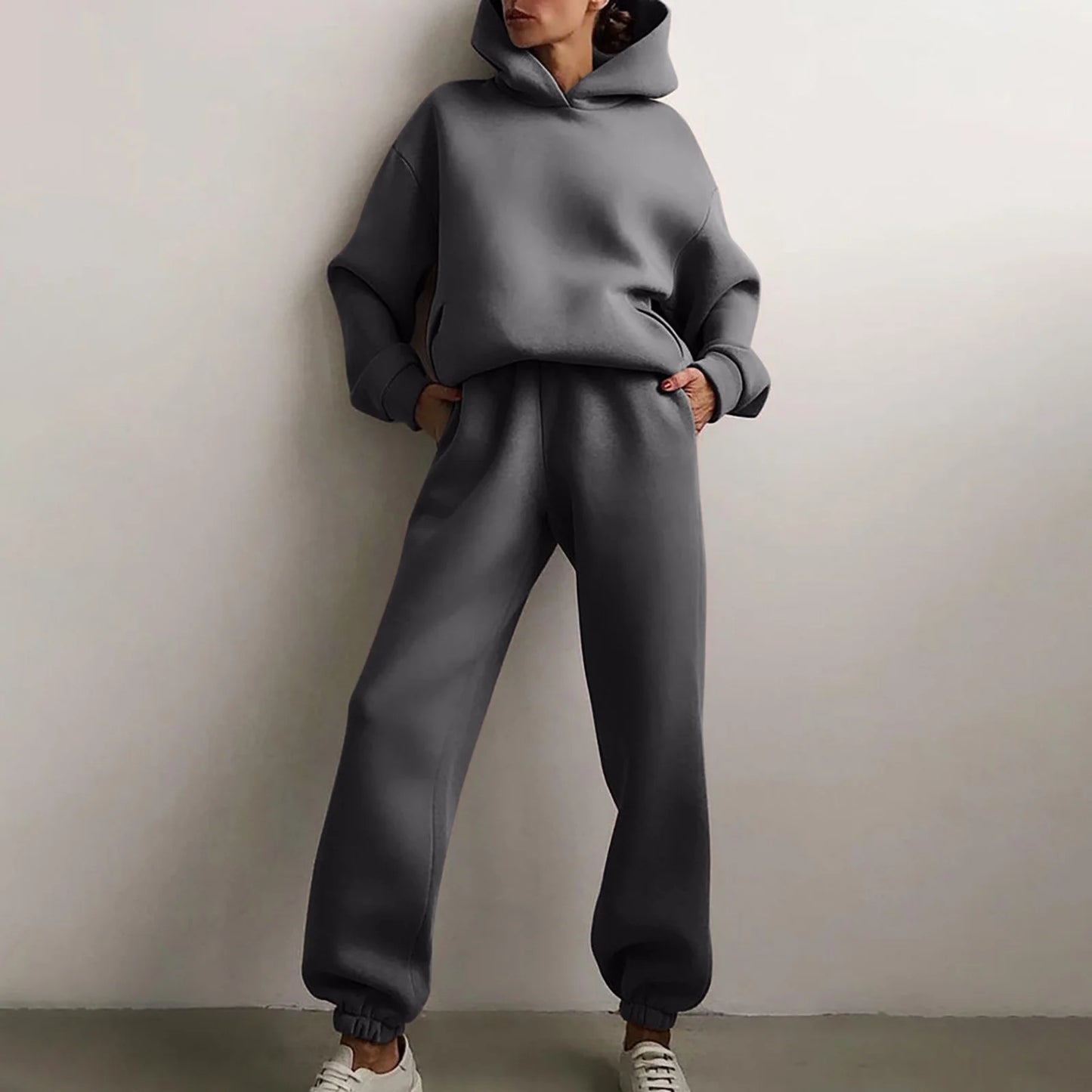 Women Casual Solid Color Two Piece Long Pants Hooded Pullover Long Sleeve Sweatshirts Sets Dark Gray XL
