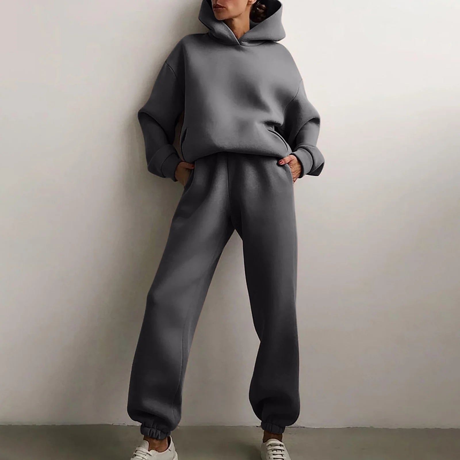 Women Casual Solid Color Two Piece Long Pants Hooded Pullover Long Sleeve Sweatshirts Sets Dark Gray XL