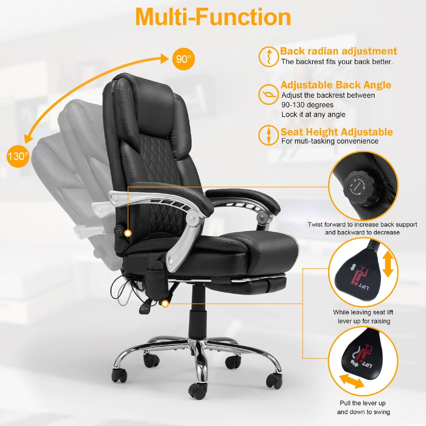 Executive Office Chair W/ Adjustable Lumbar Support,Massage Office Chair for Adult,Black