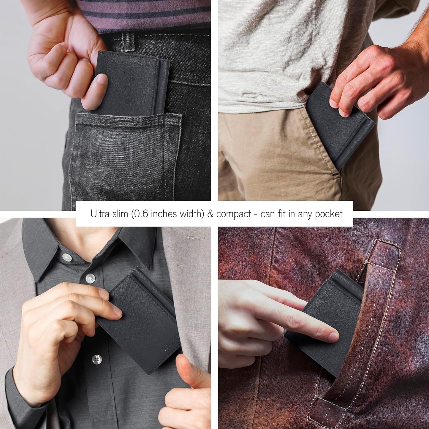 Leather Trifold Wallet for Men - RFID Blocking - 6 Card Slots, 2 Slip Pockets & 1 Front ID Window - Minimalist Design, Slim Wallet