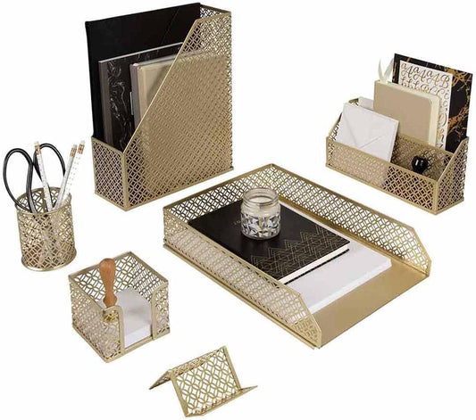 Gold Desk Organizer Set – Mail Sorter, Sticky Note Holder, Pen Cup, Magazine Holder, Letter Tray & Business Card Holder – Pink Office Decor