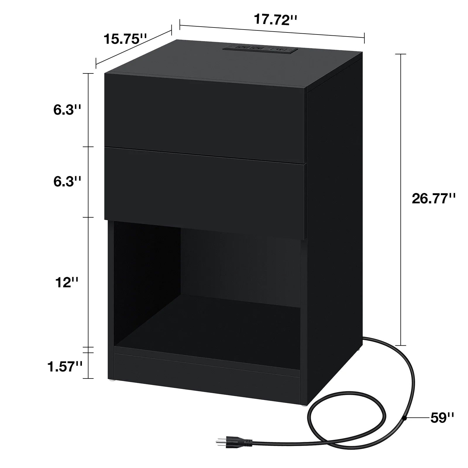 Nightstands with 2 Drawer Nightstands with Charging Station Modern Open Shelf Nightstands LED End Table Nightstands Charging High Gloss Black Side Table for Bedroom Furniture 26.77 in Tall