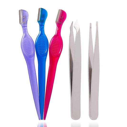 Complete Eyebrow Shaping Beauty Tool Bundle – for Shaping and Touching up Eyebrows – Includes Eyebrow Shapers and Compact Slant Tip and Point Tip Tweezer Set – Easy to Use for All Eye Shapes