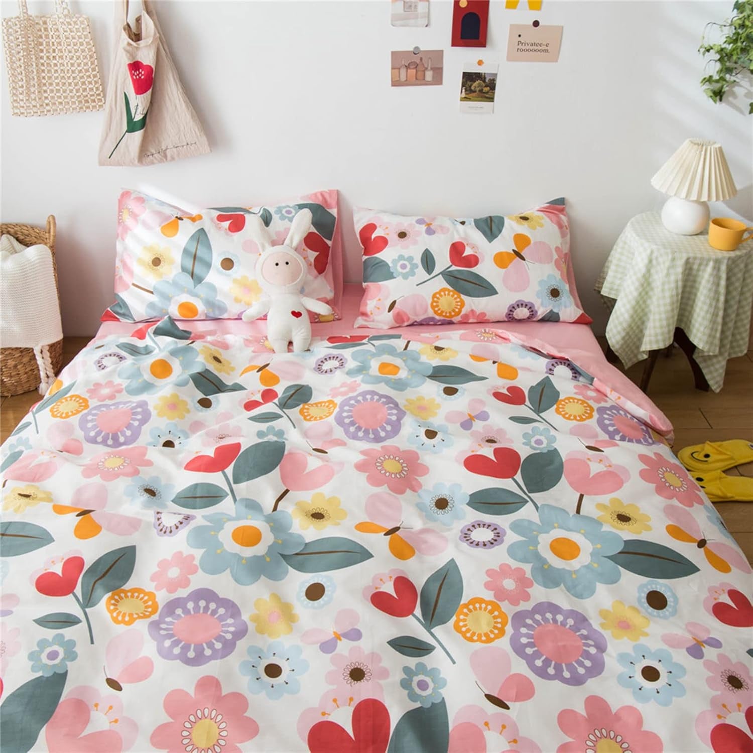 Queen Size Floral Bedding Sets Kids 3 Pieces Cotton Duvet Cover Queen Pink for Women Girls Reversible Yellow Aesthetic Bedding Comforter Cover Set Boho Bedding Queen