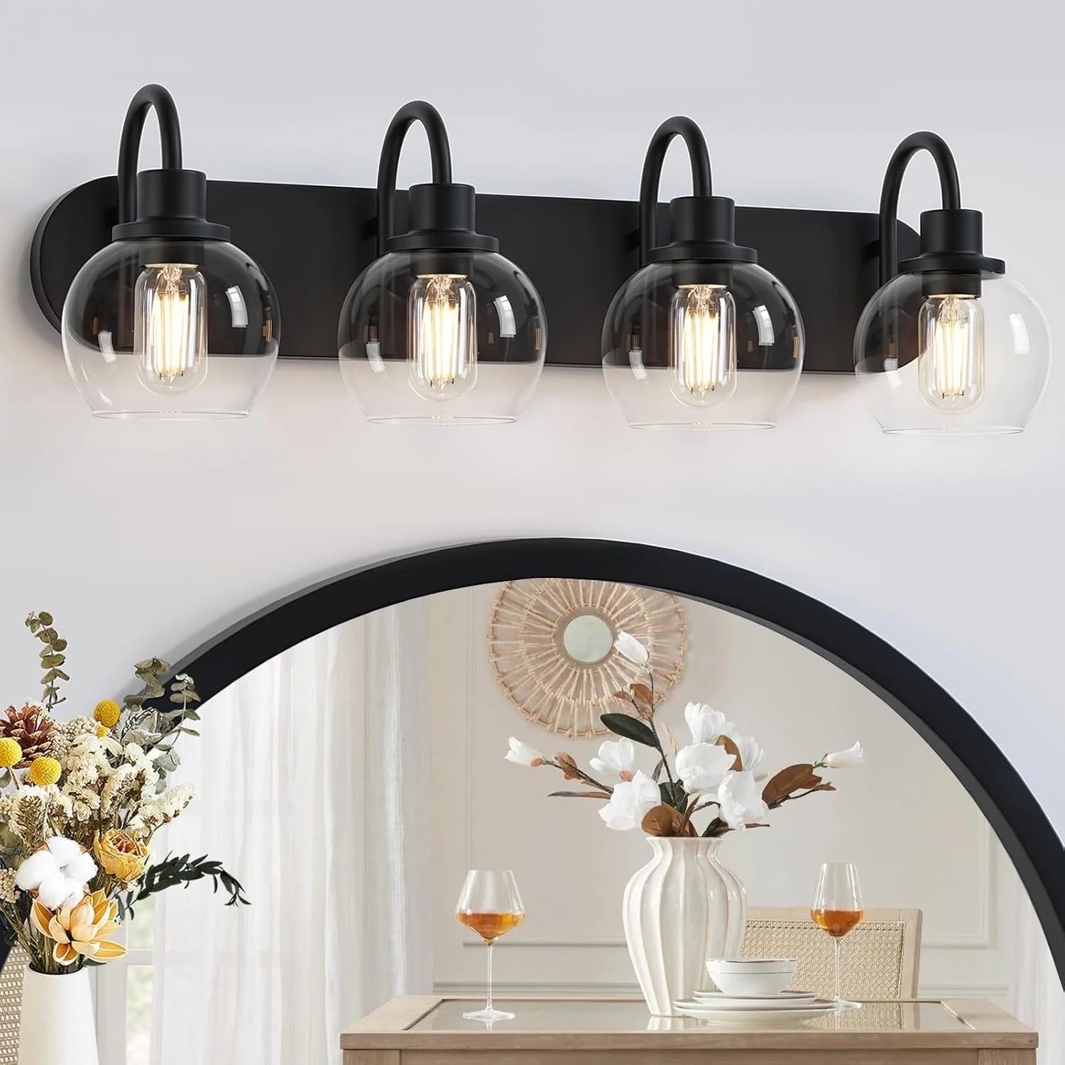Matte Black Bathroom Light Fixtures Vanity Light for Bathroom 4 Lights Modern Wall Light Fixtures over Mirror with Clear Glass Shade