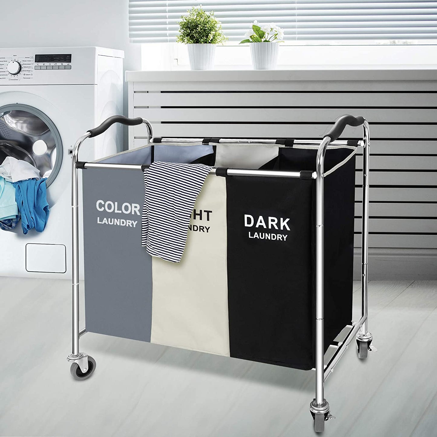 Laundry Basket with Wheels, 240L Laundry Hamper with 3 Section Laundry Bag for Dirty Clothes, Dorm Room Essentials, Towel Organization & Toys Storage Laundry Cart in Laundry Room Organization
