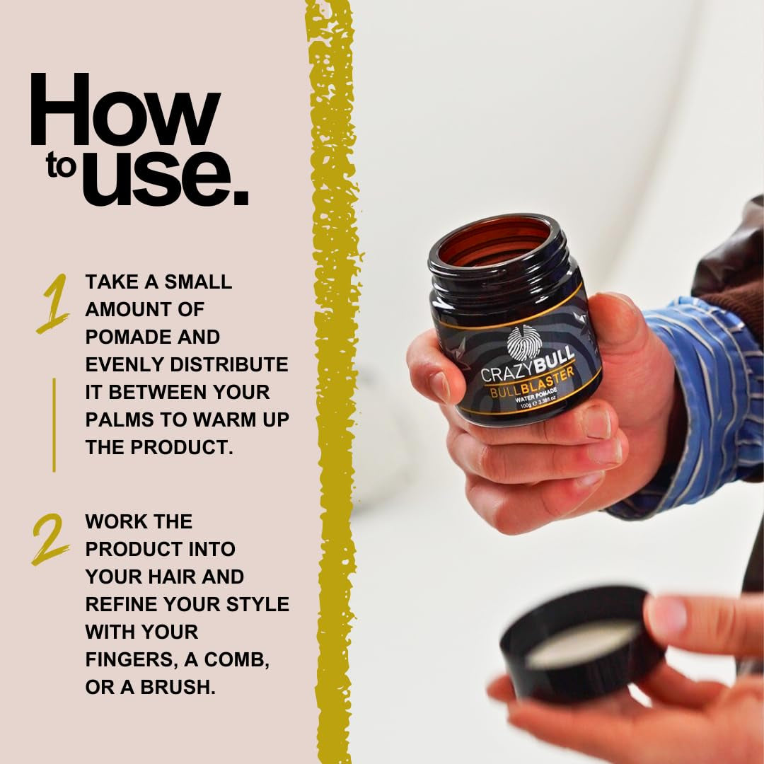 Crazy Bull Hair Bull Blaster Water Pomade - Strong Hold Pomade for Men - Water-Based Hair Styling Products - Vintage Cologne Scent - Vegan - 3.38 Oz