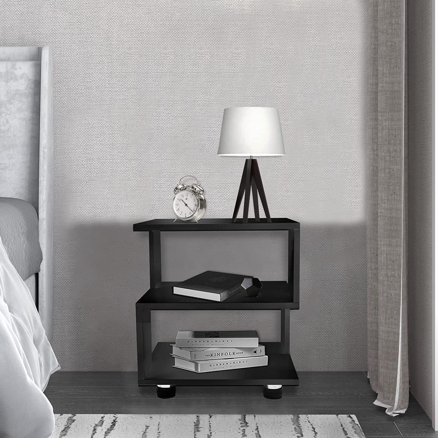 - Magic Cube Black Nightstands, Modern Fashion Style - 2 Tier Rectangular Hollow Design Nightstands, Irregular Nightstand Table, Black