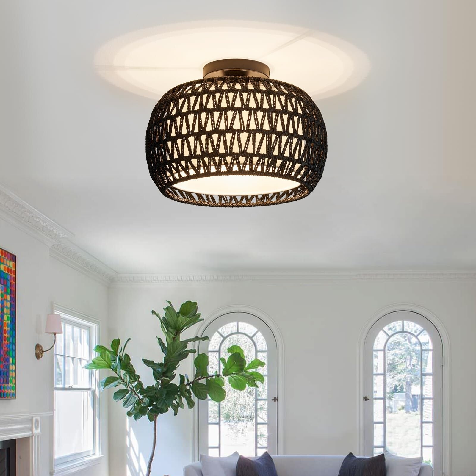 Rattan Ceiling Light Fixtures, Hand-Woven
