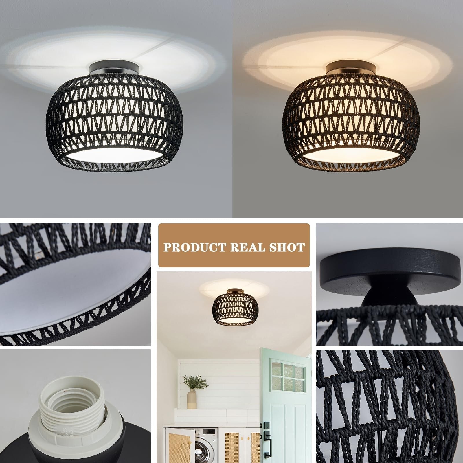 Rattan Ceiling Light Fixtures, Hand-Woven