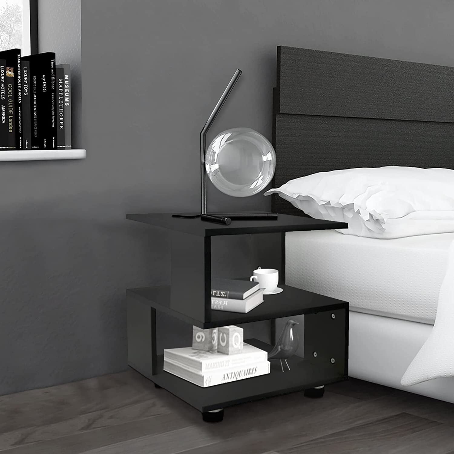 - Magic Cube Black Nightstands, Modern Fashion Style - 2 Tier Rectangular Hollow Design Nightstands, Irregular Nightstand Table, Black