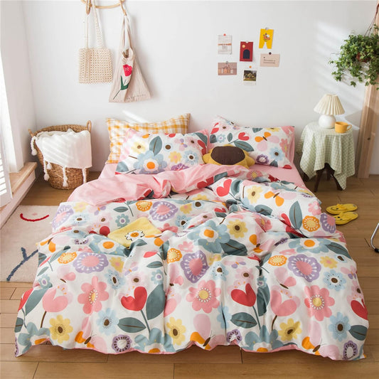 Queen Size Floral Bedding Sets Kids 3 Pieces Cotton Duvet Cover Queen Pink for Women Girls Reversible Yellow Aesthetic Bedding Comforter Cover Set Boho Bedding Queen