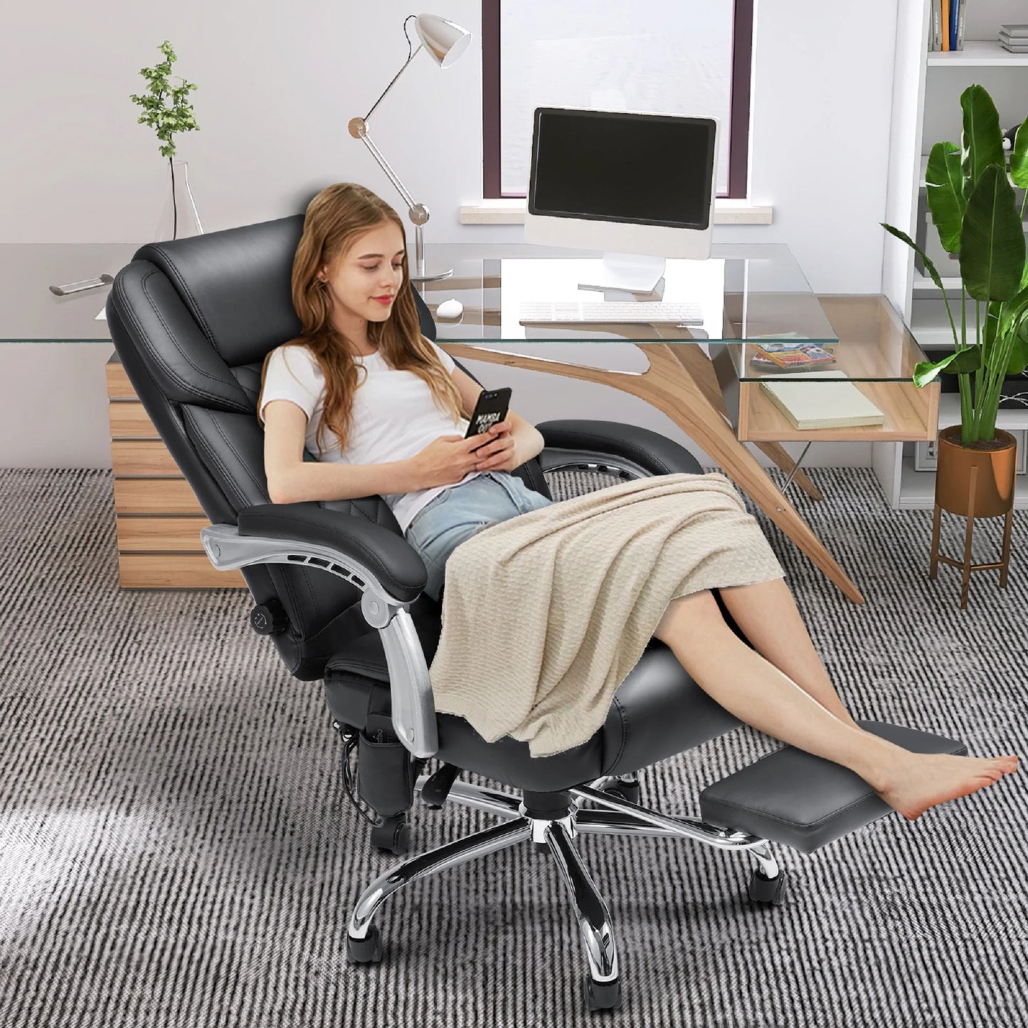 Executive Office Chair W/ Adjustable Lumbar Support,Massage Office Chair for Adult,Black