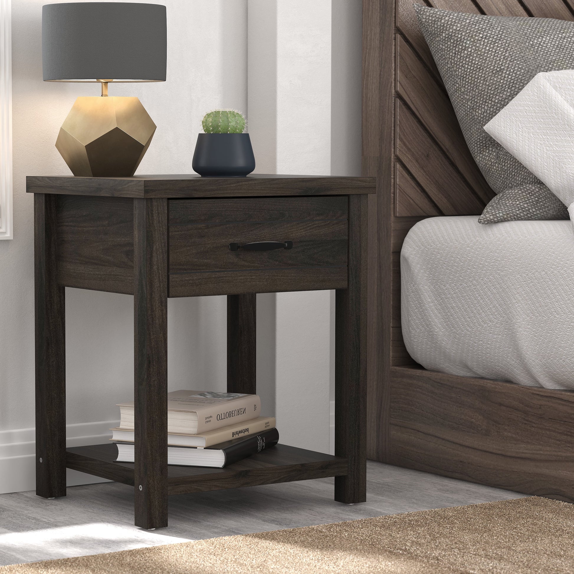 Lancaster Farmhouse 1 Drawer Nightstand, Set of 2, Dark Espresso