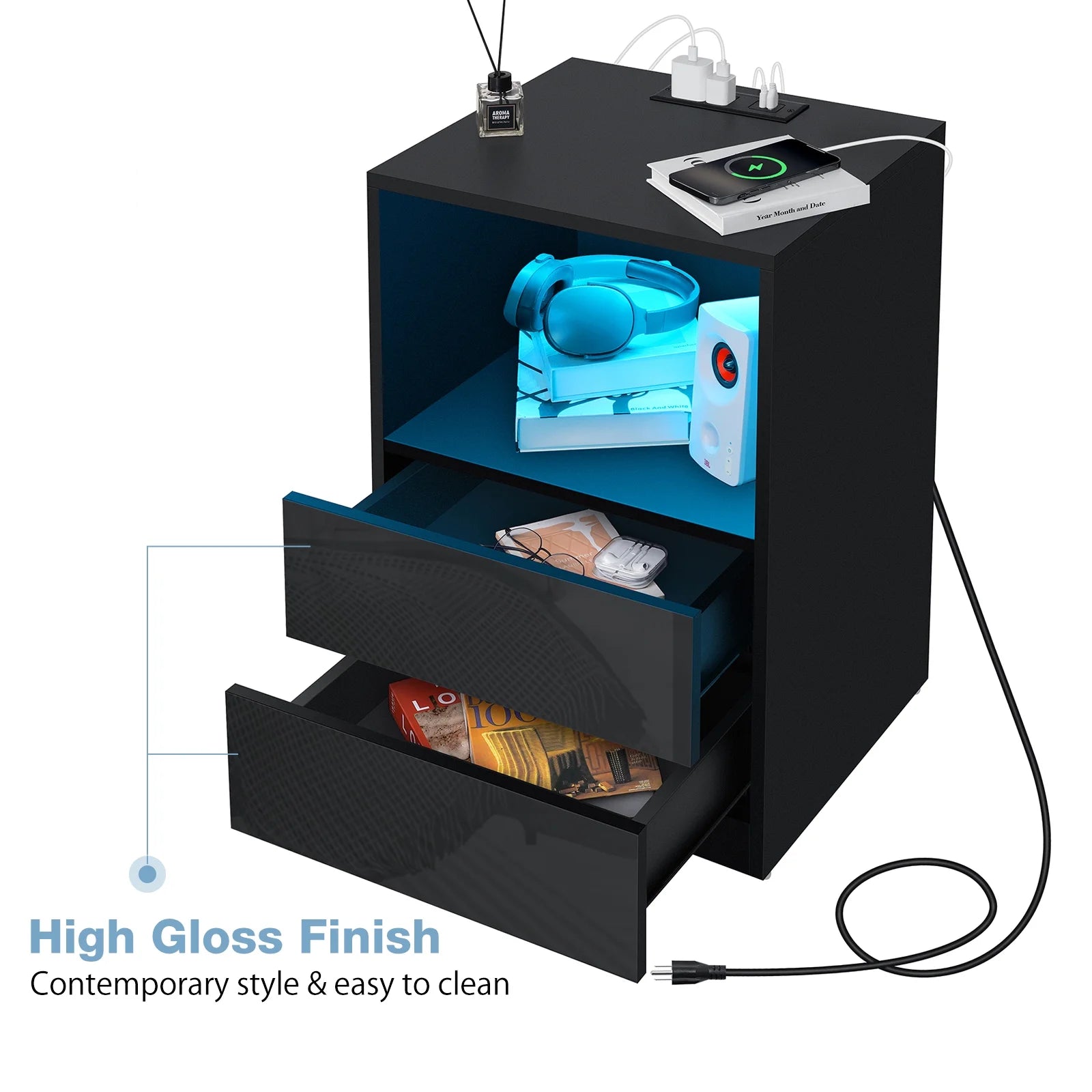 Nightstands with 2 Drawer Nightstands with Charging Station Modern Open Shelf Nightstands LED End Table Nightstands Charging High Gloss Black Side Table for Bedroom Furniture 26.77 in Tall