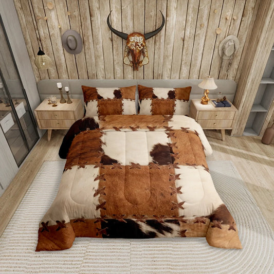 Cowhide Bedding Sets Patchwork Cow Print Comforter Farm Animal Comforter Set Western Cowboy Farmhouse down Comforter with 1 Comforter and 1 Pillow Case Bedroom Decor Twin Size