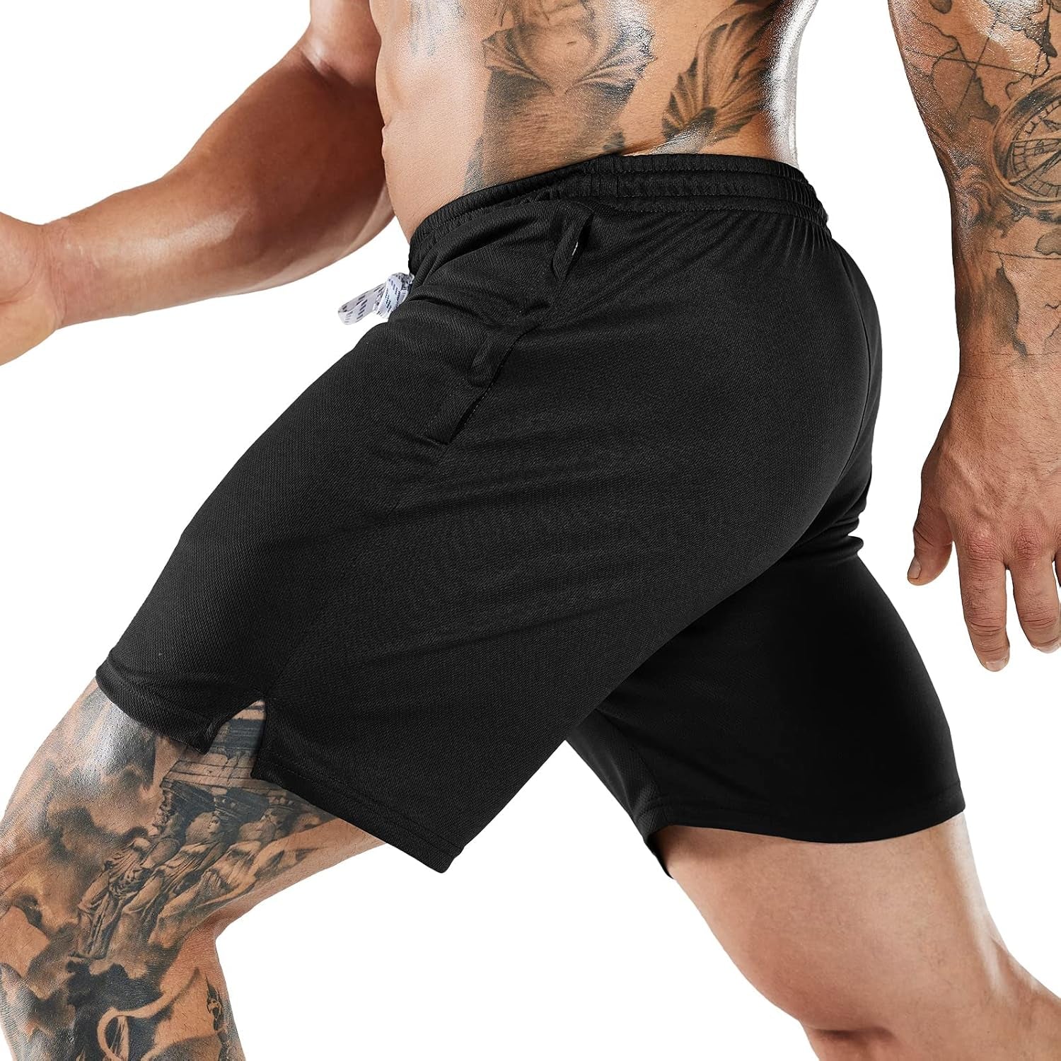 Mens 2-Pack Quick Dry Running Shorts with Zipper Pockets, 7 Inch Inseam Gym Athletic Workout Shorts, No Liner Black/Black, Medium